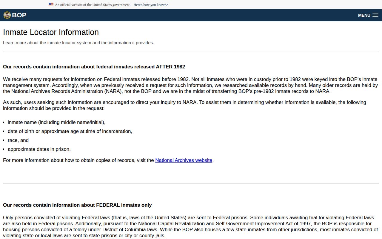Mifflin County federal released inmate BOP status meanings