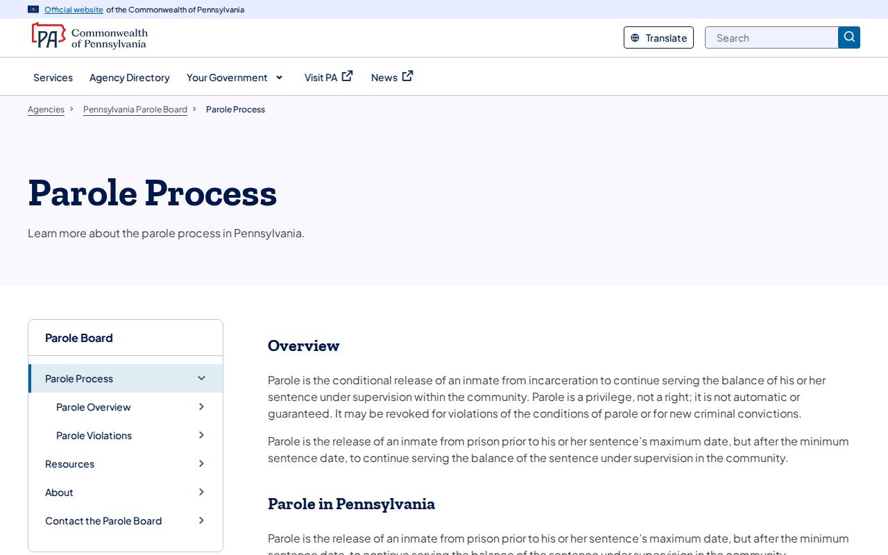 Pennsylvania parole process for Mifflin County post-release supervision